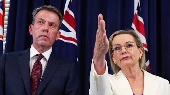 Dan Tehan with Sussan Ley at the Thursday afternoon press conference.