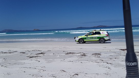 Emergency services at Kelp Beds beach Esperance responding to potential shark attack. 