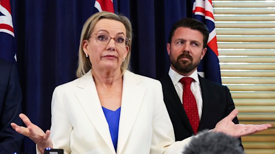 Sussan Ley explains the Liberals’ net zero backdown yesterday, flanked by Senator Anne Ruston (left), opposition energy spokesman Dan Tehan and Senator Jonno Duniam.
