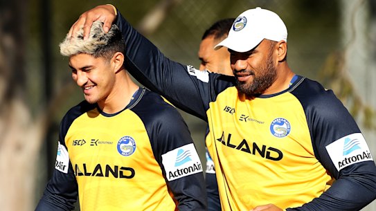 Young gun Dylan Brown (left) will lead the way for Parramatta without star halfback Mitchell Moses.