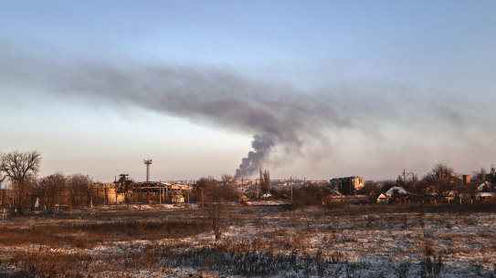 Smoke rises after shelling in Soledar, the site of heavy battles with Russian forces in the Donetsk region.