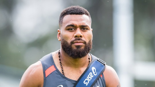 Determined: Samu Kerevi at Wallabies training in Brisbane on Thursday. 