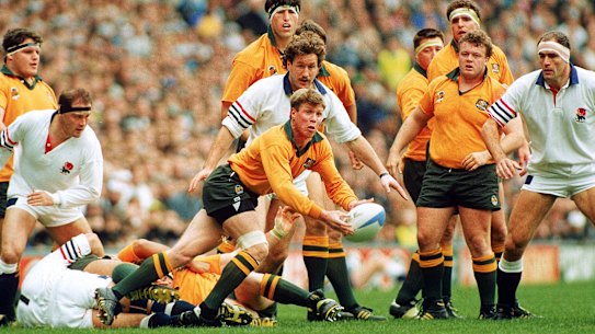 Nick Farr-Jones in action for the Wallabies in the 1991 World Cup final. 