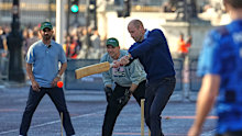 The Prince of Wales played a game of backyard cricket outside Buckingham Palace on Tuesday to promote his Earthshot Prize awards, which are heading to Mumbai in November.