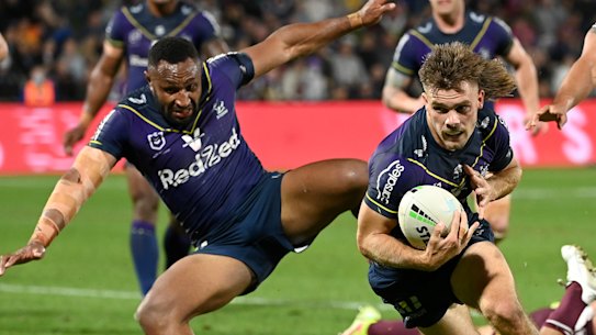 Ryan Papenhuyzen crosses for the Storm against Manly.