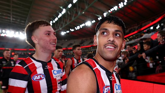 St Kilda’s Nasiah Wanganeen-Milera (right) celebrates the win over Essendon.