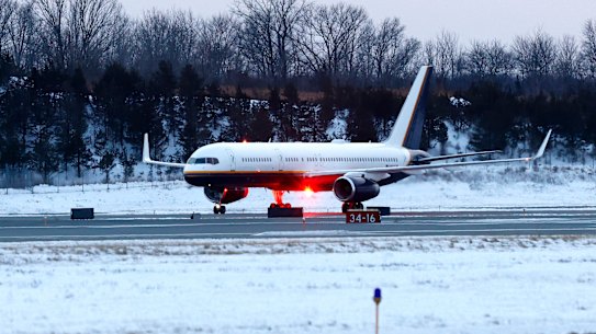 A plane carrying captured Venezuelan President Nicolás Maduro lands at Stewart Air National Guard Base in Newburgh, New York.