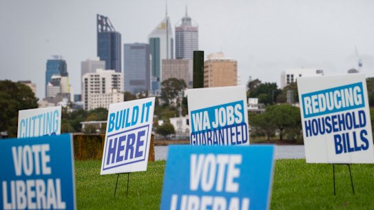 PERTH, AUSTRALIA - March 01: A general view of campaign signage at the WA Liberals’ 2021 Campaign Launch on March 1, 2021 in Perth, Australia. The Western Australian state election will be held on Saturday 13 March. Photo by Matt Jelonek/Getty Images)