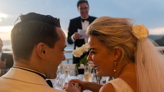 James and Arabella Tuck at their wedding reception during Phil's speech.  