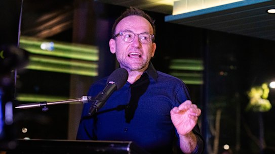 Australian Greens leader Adam Bandt speaking at the party’s campaign HQ in Melbourne on election night.