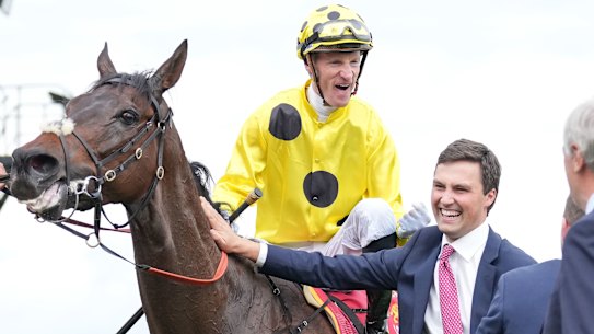 Trainer Sam Freedman, jockey Mark Zahra and Without A Fight after winning the 2023 Caulfield Cup.