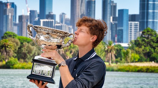 Jannik Sinner with the spoils of victory - the Norman Brookes Challenge Cup - after his win in Sunday’s men’s singles final at the Australian Open. 