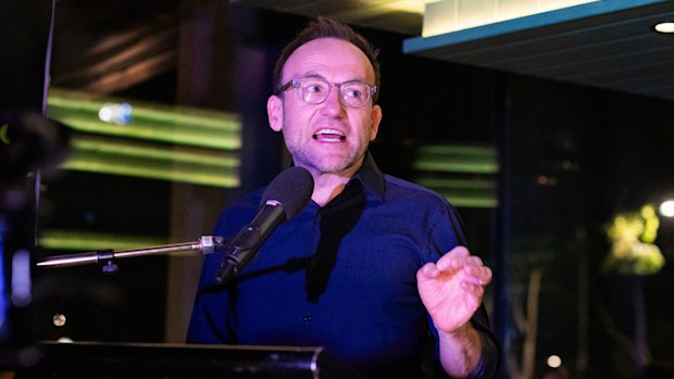 Australian Greens leader Adam Bandt speaking at the party’s campaign HQ in Melbourne on election night.
