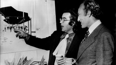 Ken Horler (left) and Gary Bogard in 1973 look over plans for the new Nimrod Theatre, now the famous Belvoir Theatre.