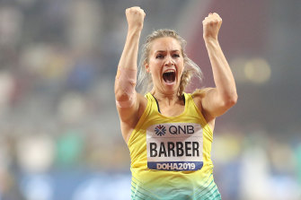 Australia’s Kelsey-Lee Barber celebrates winning the javelin throw at the 2019 IAAF World Athletics Championships. 