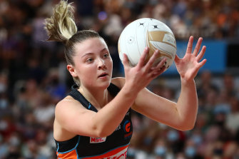 Sophie Dwyer, pictured during the 2021 Super Netball grand final, is one of six Giants players ruled out of Sunday’s match against the Thunderbirds.