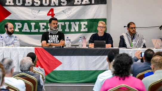 Max Kaiser (left), Nasser Mashni, Janet Rice and Adel Salman address a forum in Tottenham, in Melbourne’s west.