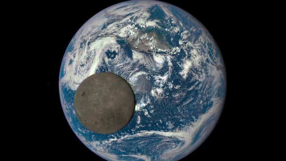 In an image provided by NASA Goddard, the moon is illuminated by the sun, captured by NASA’s Deep Space Climate Observatory satellite. 