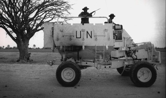 Members of Australia's UN contingent patrol the Namibian countryside in 1989 during efforts to help the country transition to independence.