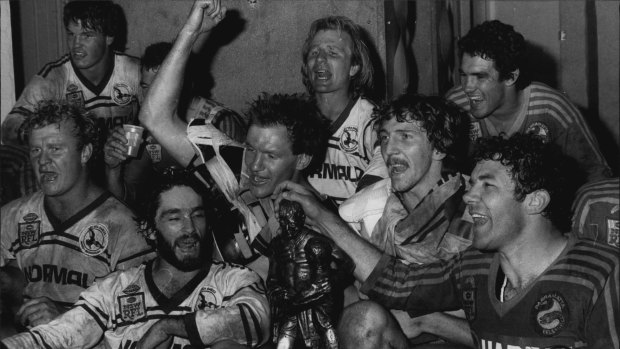 Grand times: Peter Sterling (middle at back) with teammates after the 1983 premiership win.