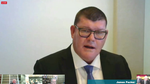 James Packer during the inquiry hearing. Getting out of Crown could lead to him forfeiting his control premium. 
