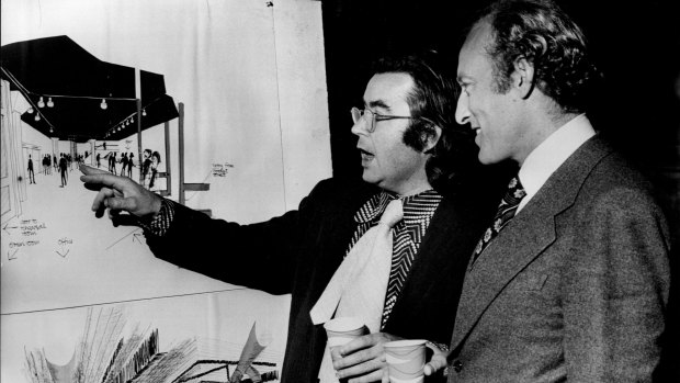 Ken Horler (left) and Gary Bogard in 1973 look over plans for the new Nimrod Theatre, now the famous Belvoir Theatre.