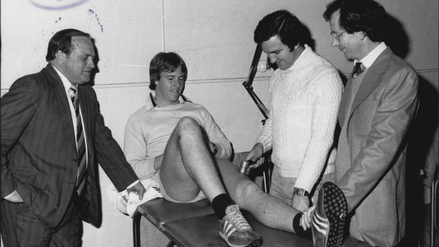 Hazard (right) oversees treatment of Canterbury utility back Greg Brentnell under the watchful eye of Peter Bullfrog Moore (left) in 1979.