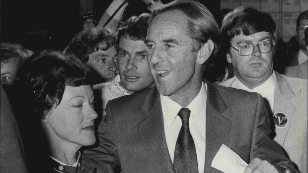 Mr Cain and his wife Nancye celebrate Labor's victory in the Victorian tally room.