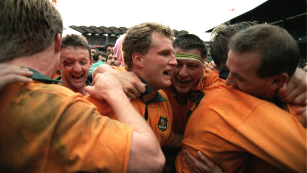 Phil Kearns was part of two World Cup-winning Australian sides, in 1991 (pictured with Michael Lynagh) and 1999.