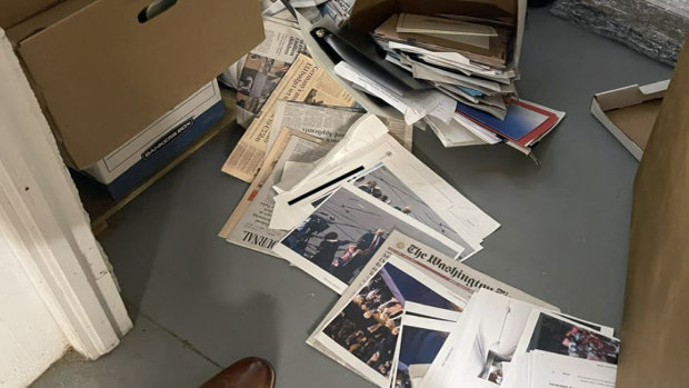 This image, contained in the indictment against Donald Trump, shows boxes of records on December 7, 2021, in a storage room at the former president’s Mar-a-Lago estate.