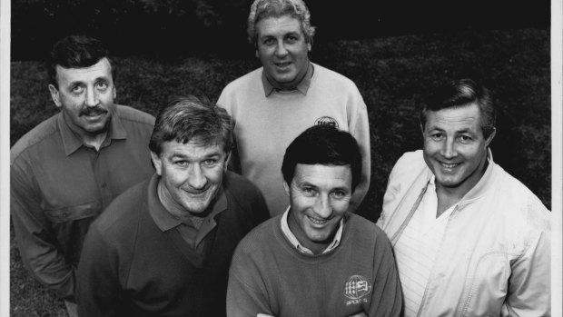 Ray Warren with Channel Nine colleagues Warren Ryan, Darrell Eastlake, Ken Sutcliffe and Michael Cleary in 1989. 
