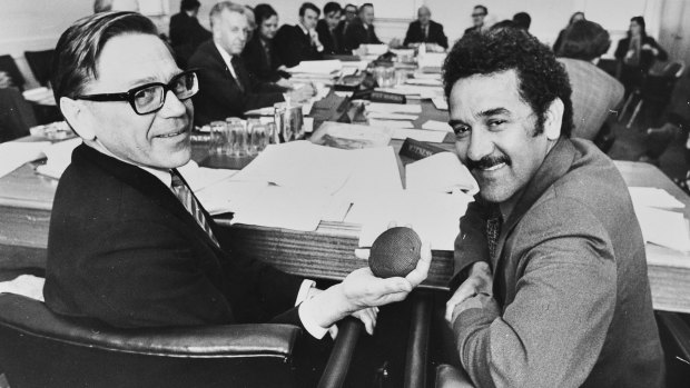 Charlie Perkins (right) at Parliament House in Canberra, 1974.