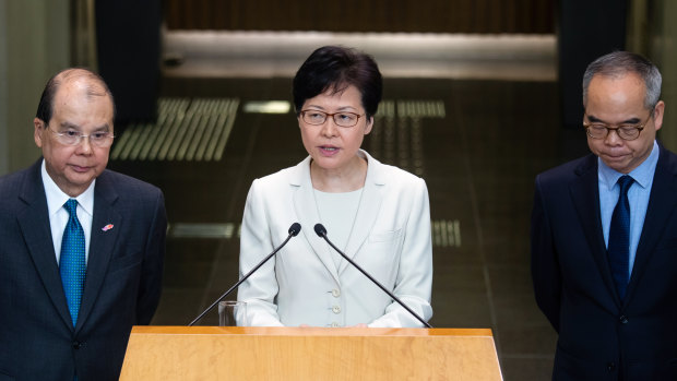 Carrie Lam holds a press conference on Thursday as Matthew Cheung, chief secretary, left, and Lau Kong-wah, secretary for home affairs, look on.