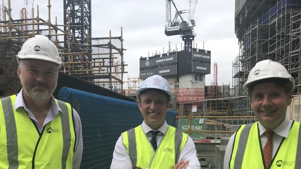 Destination Brisbane project director Simon Crooks, Deputy Premier Steven Miles and Star CEO Matt Bekier on site on Tuesday.