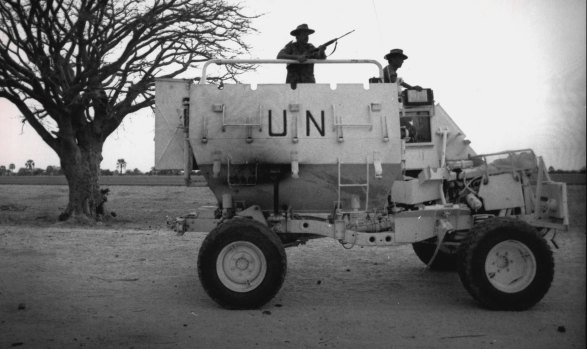 Members of Australia's UN contingent patrol the Namibian countryside in 1989 during efforts to help the country transition to independence.