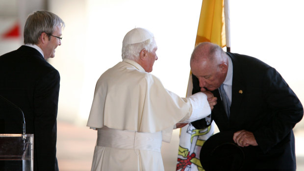 The Pope and Tim Fischer with then Prime Minister Kevin Rudd in Sydney after it was proposed he become an ambassador to the Vatican, 2008.