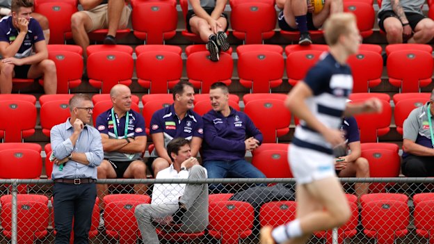 Gillon McLachlan  (front and centre, in the white shirt) at an AFLX match, a 2017 innovation to the code.