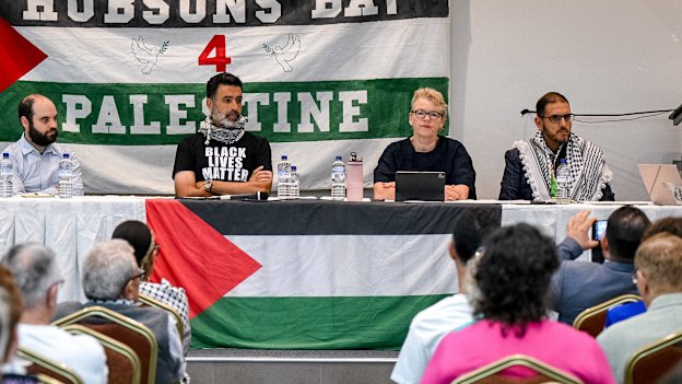 Max Kaiser (left), Nasser Mashni, Janet Rice and Adel Salman address a forum in Tottenham, in Melbourne’s west.