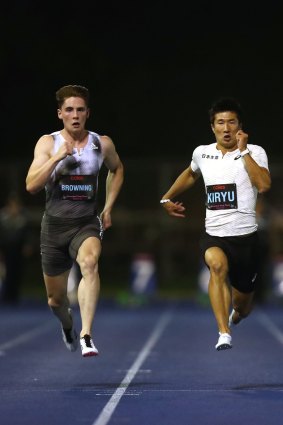 Rohan Browning (left) winning a race in 2019. 