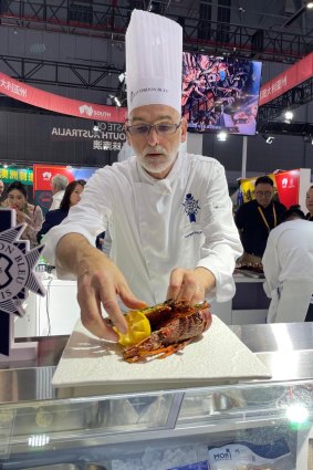 A South Australian rock lobster cooking demonstration at the China International Import Expo in Shanghai on Tuesday.