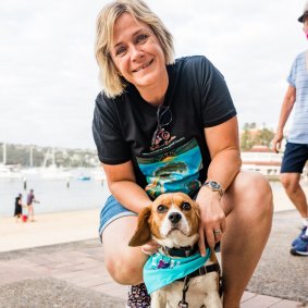 Independent Zali Steggall with her dog bandana merchandise.