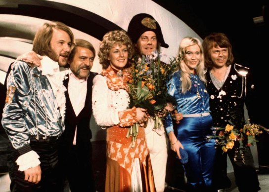 ABBA and a couple of their friends celebrate winning the Eurovision Song Contest with Waterloo in 1974.