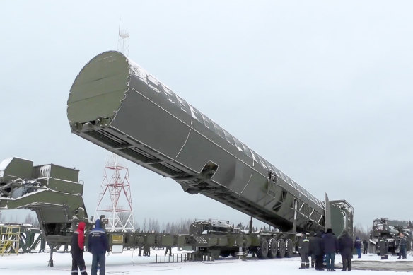 Russia’s new Sarmat intercontinental missile is shown at an undisclosed location in Russia in 2018.