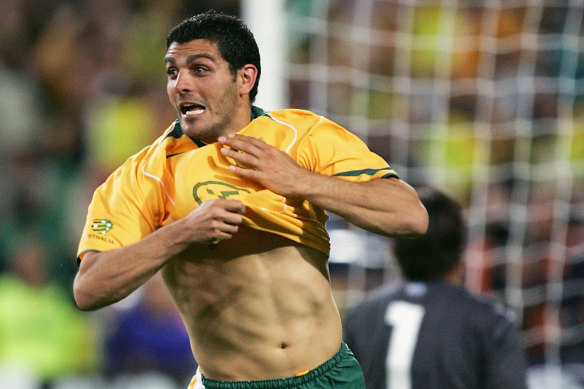 John Aloisi celebrates scoring the winning goal in the penalty shootout between Australia and Uruguay in 2005.