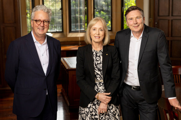 University of Sydney chancellor David Thodey (right) with vice chancellor Mark Scott and former chancellor Belinda Hutchinson.