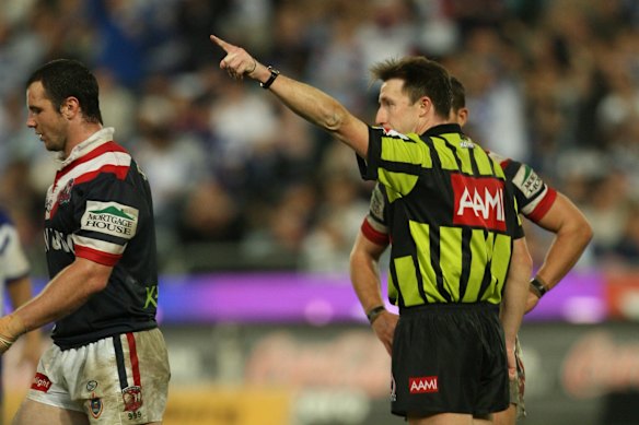 Adrian Morley is marched by referee Jared Maxwell in 2006.