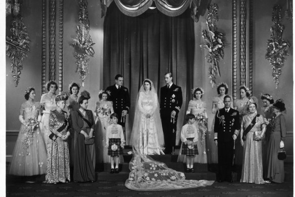 Queen Elizabeth, then Princess with Prince Philip, in the Throne Room of Buckingham Palace after their wedding in 1947.