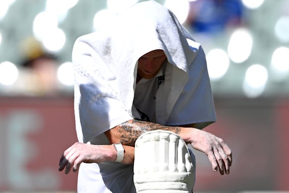 England captain Ben Stokes gathers himself during a drinks break on day two.