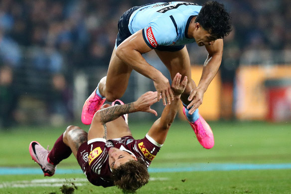 Joseph Suaalii was sent off for this high shot on Reece Walsh in Origin I in Sydney. Far too many games are being decided by a team’s inability to cover for an injury to an outside back.