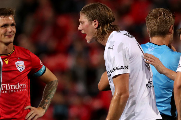 Wildcard: Melbourne City's Harrison Delbridge reacts after receiving a red card against Adelaide United in round 17.